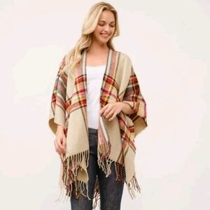 Fringed Madeline Wrap Shawl Ruana Beige Khaki Plaid Acrylic Knit New Raj Trading